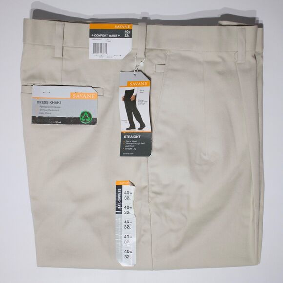 NWT Savane Elastic Comfort Waist Dress Khaki Pleat Cuff Pants Stone Men 40x32 - Picture 2 of 11